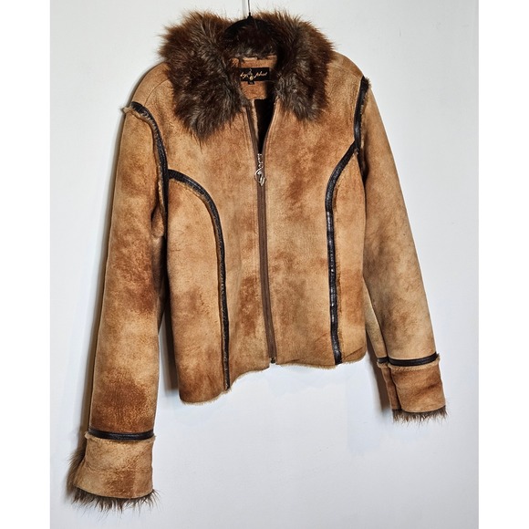 Baby Phat Vintage Genuine‎ Leather Faux Fur Collar Suede Zip Jacket XL Y2K Retro - Picture 2 of 10